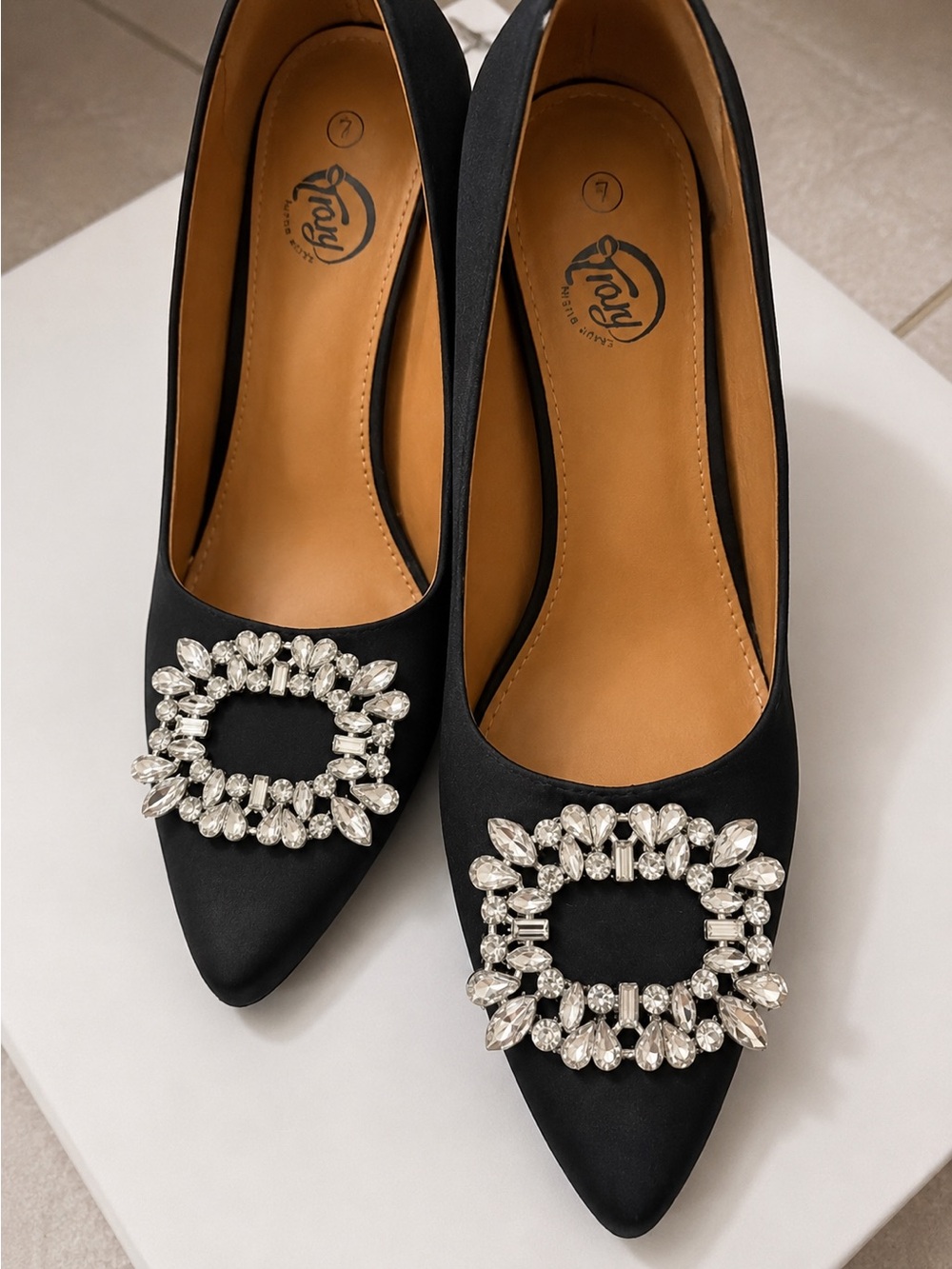 Trary Black Satin Pointed Toe Heels with Crystal Embellishment